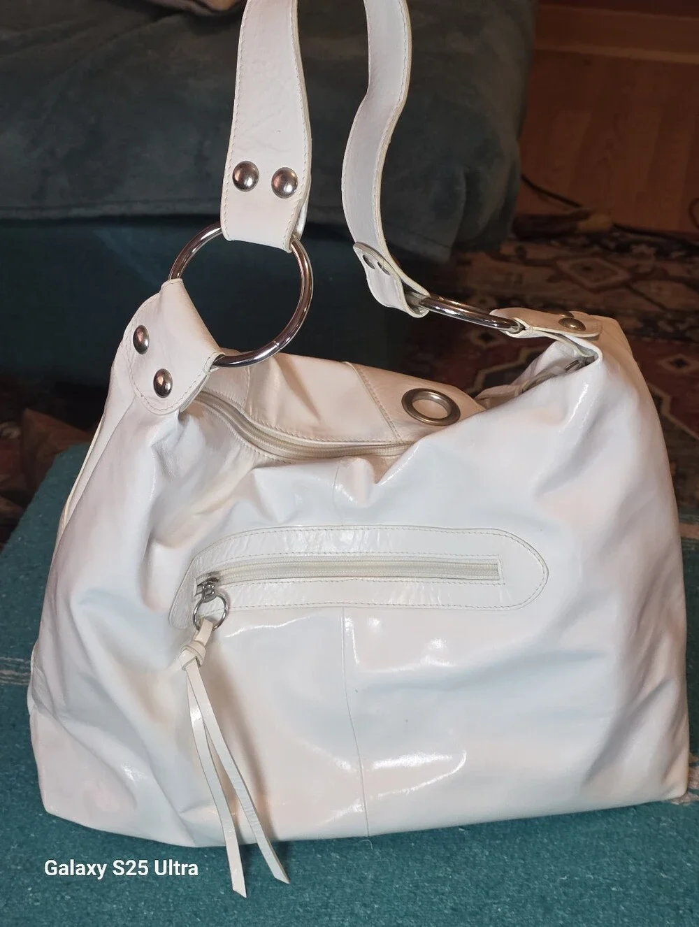 Y2K Vintage Rare Mussio DeGroot White Patent Leather Large Grommet Hobo Bag